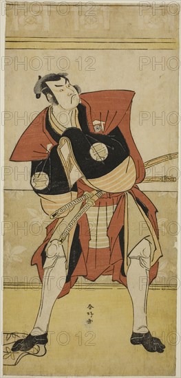 The Actor Sakata Hangoro III as Omi no Kotoda in the Play Haru no Nishiki Date-zome Soga, Performed at the Nakamura Theater in the Second Month, 1790, c. 1790, Katsukawa Shunko I, Japanese, 1743-1812, Japan, Color woodblock print, hosoban, from a multisheet composition, 31.7 x 14.7 cm (12 1/2 x 5 13/16 in.)