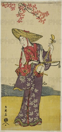 The Actor Sawamura Tamagashira as a Strolling Musician in the Play Dai Danna Kanjincho, Performed at the Kawarazaki Theater in the Eleventh Month, 1790, c. 1790, Katsukawa Shun’ei, Japanese, 1762-1819, Japan, Color woodblock print, hosoban, 31.6 x 14.7 cm (12 7/16 x 5 13/16 in.)