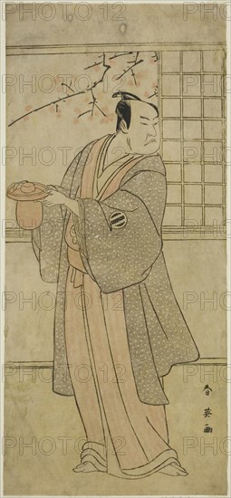 The Actor Kataoka Nizaemon VII as Yoshidaya Kizaemon in the Play Edo Sunago Kichirei Soga, Performed at the Miyako Theater in the First Month, 1795, c. 1795, Katsukawa Shun’ei, Japanese, 1762-1819, Japan, Color woodblock print, hosoban, left sheet of diptych (?), 31.8 x 13.8 cm (12 1/2 x 5 7/16 in.)