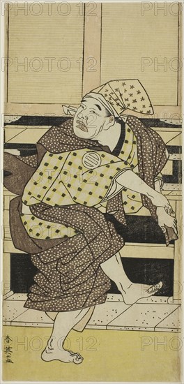 The Actor Asao Tamejuro I as Drunken Gotobei Doing a Sambaso Dance (Goto Sambaso), in Act Three of the Play Yoshitsune Koshigoe Jo (Yoshitsune’s Koshigoe Petition), Performed at the Ichimura Theater from the Ninth Day of the Ninth Month, 1790, c. 1790, Katsukawa Shun’ei, Japanese, 1762-1819, Japan, Color woodblock print, hosoban, 29.4 x 13.9 cm (11 9/16 x 5 9/16 in.)