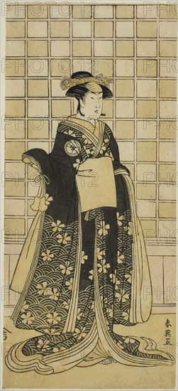 The Actor Iwai Kiyotaro II as Lady Itohagi (?) in the Play Genji Saiko Kogane Tachibana (?), Performed at the Ichimura Theater (?) in the Eleventh Month, 1788 (?), c. 1788, Katsukawa Shun’ei, Japanese, 1762-1819, Japan, Color woodblock print, hosoban, left sheet of diptych, 30.8 x 13.8 cm (12 1/8 x 5 7/16 in.)