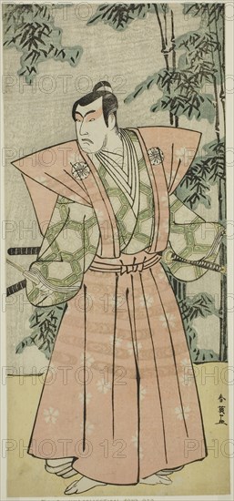 The Actor Matsumoto Koshiro IV as Hatakeyama Shigetada Disguised as Honjo Soheiji (?) in the Play Edo no Fuji Wakayagi Soga (?), Performed at the Nakamura Theater (?) in the First Month, 1789 (?), c. 1789, Katsukawa Shun’ei, Japanese, 1762-1819, Japan, Color woodblock print, hosoban, from a multisheet composition, 30.5 x 13.8 cm (12 x 5 7/16 in.)