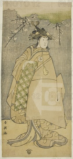 The Actor Iwai Kiyotaro as Kewaizaka no Shosho in the Play Gohiiki no Hana Aikyo Soga, Performed at the Kawarazaki Theater in the First Month, 1794, c. 1794, Katsukawa Shun’ei, Japanese, 1762-1819, Japan, Color woodblock print, hosoban, left sheet of diptych (right: 1925.2506), 30.8 x 13.7 cm (12 1/8 x 5 3/8 in.)