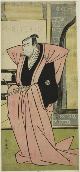 The Actor Otani Oniji III in an Unidentified Role in the Play Yukimi-zuki Eiga Hachi no Ki (?), Performed at the Nakamura Theater (?) in the Eleventh Month, 1787 (?), c. 1787, Katsukawa Shun’ei, Japanese, 1762-1819, Japan, Color woodblock print, hosoban, 32 x 14.3 cm (12 5/8 x 5 5/8 in.)