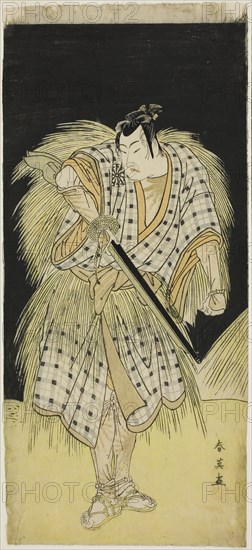 The Actor Mimamsu Tokujiro I as Hayano Kampei, in Act Five of Kanadehon Chushingura (Treasury of the Forty-seven Loyal Retainers), Performed at the Nakamura Theater from the Eleventh Day of the Fifth Month, 1786, c. 1786, Katsukawa Shun’ei, Japanese, 1762-1819, Japan, Color woodblock print, left sheet of hosoban diptych? (right: 1940.1121), 32.7 x 14.7 cm (12 3/8 x 5 3/4 in.)