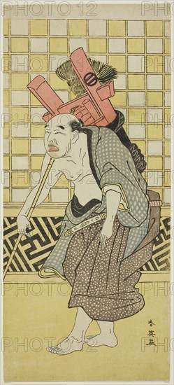 The Actor Asao Tamejuro I as Drunken Gotobei in Act Three of the Play Yoshitsune Koshigoe Jo (Yoshitsune’s Koshigoe Petition), Performed at the Ichimura Theater from the Ninth Day of the Ninth Month, 1790, c. 1790, Katsukawa Shun’ei, Japanese, 1762-1819, Japan, Color woodblock print, hosoban, 32.9 x 14.7 cm (12 7/8 x 5 3/4 in.)