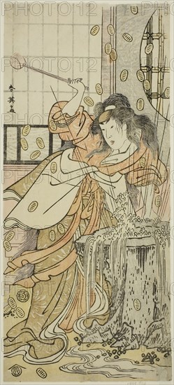The Actor Segawa Kikunojo III as the Dragon Maiden Disguised as Osaku in the Play Sayo no Nakayama Hiiki no Tsurigane, Performed at the Nakamura Theater in the Eleventh Month, 1790, c. 1790, Katsukawa Shun’ei, Japanese, 1762-1819, Japan, Color woodblock print, hosoban, 32 x 14.2 cm (12 5/8 x 5 9/16 in.)