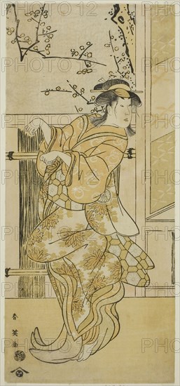 The Actor Segawa Kikunojo III as Kojoro-gitsune (Female Fox) Disguised as Omiki in the Play Komachi-mura Shibai no Shogatsu, Performed at the Nakamura Theater in the Eleventh Month, 1789, c. 1789, Katsukawa Shun’ei, Japanese, 1762-1819, Japan, Color woodblock print, hosoban, 30.8 x 13.9 cm (12 1/8 x 5 1/2 in.)