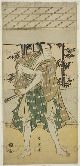 The Actor Ichikawa Omezo I as the Boatman Takihei (?) in the Play Ofunamori Ebi no Kaomise (?), Performed at the Kawarazaki Theater (?) in the Eleventh Month, 1792 (?), c. 1792, Katsukawa Shun’ei, Japanese, 1762-1819, Japan, Color woodblock print, hosoban, left sheet of diptych, 32.8 x 15.4 cm (12 15/16 x 6 1/16 in.)
