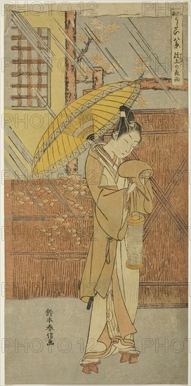 Night Rain of Genjo (Genjo no yau), from the series Parodies of Eight Scenes from Noh Chants (Furyu utai hakkei), c. 1767, Suzuki Harunobu ?? ??, Japanese, 1725 (?)-1770, Japan, Color woodblock print, hosoban, 31.1 x 15.0 cm (12 1/4 x 5 7/8 in.)