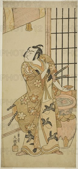 The Actor Sawamura Sojuro II as Kudo Suketsune (?) in the Play Edo no Hana Wakayagi Soga (?), Performed at the Ichimura Theater (?) in the Second Month, 1769 (?), c. 1769, Ippitsusai Buncho, Japanese, active c. 1755-90, Japan, Color woodblock print, hosoban, 32 x 14.5 cm (12 1/2 x 5 3/16 in.)