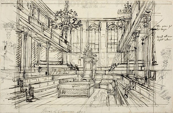 Study for House of Commons, from Microcosm of London, 1807, Augustus Charles Pugin, English, born France, 1762-1832, England, Pen and brown ink over graphite, on ivory wove paper, 211 × 321 mm