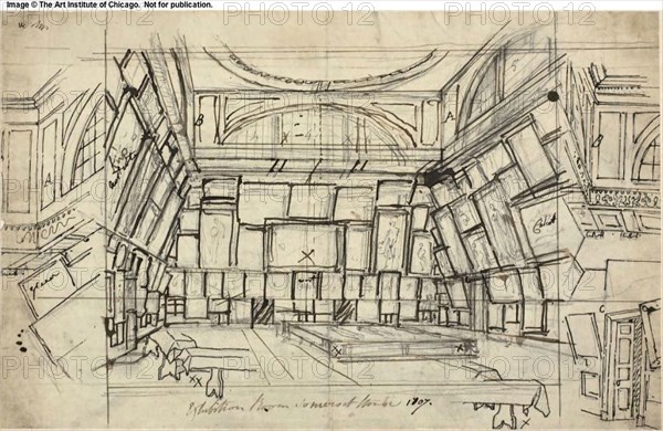 Study for Exhibition Room, Somerset House, from Microcosm of London, c. 1808, Augustus Charles Pugin, English, born France, 1762-1832, England, Graphite on cream wove paper, 185 × 248 mm