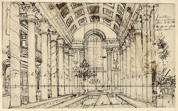 Study for Egyptian Hall Mansion House, from Microcosm of London, c. 1809, Augustus Charles Pugin, English, born France, 1762-1832, England, Pen and brown ink over graphite, on cream laid paper, 189 × 306 mm