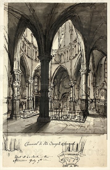 Chancel to the Temple Church, c. 1809, Augustus Charles Pugin, English, born France, 1762-1832, England, Pen and brown ink with brush and gray and brown wash, on ivory wove paper, 318 × 202 mm