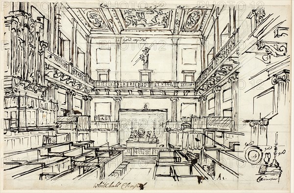 Study for Whitehall Chapel, from Microcosm of London, c. 1809, Augustus Charles Pugin (English, born France, 1762-1832), Thomas Rowlandson (English, 1756-1827), England, Pen and brown ink over graphite on ivory laid paper, 202 × 310 mm