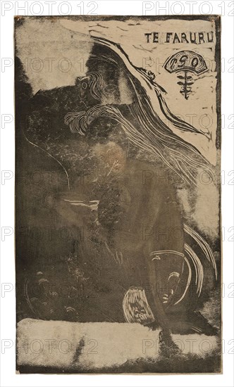 Te faruru (Here We Make Love), from the Noa Noa Suite, 1893–94, Paul Gauguin, French, 1848-1903, France, Wood-block print, printed twice in brown and black inks, with selective wiping, and a transferred twill impression, on cream wove Japanese paper, laid down on cream laid Japanese paper (a laminate made by the artist), 355 × 202 mm (image), 356 × 204 mm sheet)