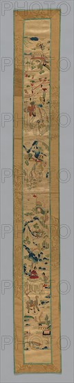 Fragment (Sleeve Band), Qing dynasty (1644–1911), 1850/75, China, Figures in landscape embroidered in multi-color silk on tan ground. Bands sewn together, with yellow and green border, 116.2 × 15.2 cm (45 3/4 × 6 in.)