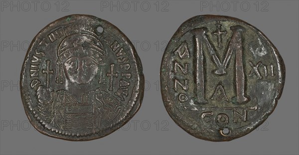 Follis (Coin) Portraying the Emperor Justinian I, AD 538/539, Byzantine, minted in Constantinople, Constantinople, Bronze, Diam. 3.9 cm, 21.65 g
