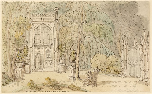 Solitude at Strawberry Hill, c. 1822, Thomas Rowlandson, English, 1756-1827, England, Pen and brown ink, with brush and watercolor, on cream wove paper, laid down on board, 123 × 199 mm