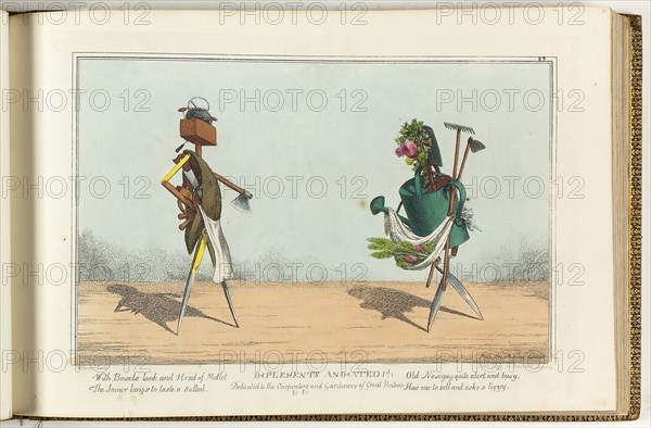 The Caricature Magazine, or Hudibrastic Mirror, Vol. I and II, 1819, George Cruikshank (English, 1792-1878), Thomas Rowlandson (English, 1756-1827), Henry William Bunbury (English, 1750-1811), Piercy Roberts (English, 19th century), Charles Williams (English, active 1797-1830), after George Woodward (English, c.1760-1809), published by Thomas Tegg (English, 1776-1845), England, Book with hand-colored etchings in black on cream wove paper, 275 × 420 × 32 mm, The Caricature Magazine, or Hudibrastic Mirror, Vol. III, 1821, George Cruikshank (English, 1792-1878), Thomas Rowlandson (English, 1756-1827), Wililam Elmes (English, active 1804-1816), Piercy Roberts (English, 19th century), and Charles Williams (English, active 1797-1830), after George Woodward (English, c.1760-1809), published by Thomas Tegg (English, 1776-1845), England, Book with hand-colored etchings in black on cream wove paper, 275 × 423 × 39 mm