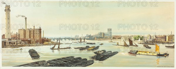 Westminster, from Waterloo Bridge, plate nineteen from Original Views of London as It Is, 1842, Thomas Shotter Boys (English, 1803-1874), designed by Charles Ollier (English, 1788-1859), England, Hand-colored lithograph on paper, 175 × 455 mm