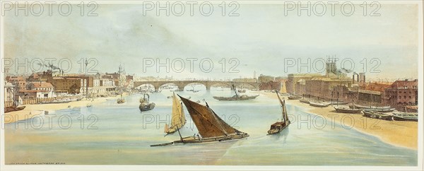 London Bridge, from Southwark Bridge, plate four from Original Views of London as It Is, 1842, Thomas Shotter Boys (English, 1803-1874), designed by Charles Ollier (English, 1788-1859), England, Hand-colored lithograph on paper, 177 × 453 mm