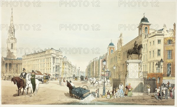 Entry to The Strand from Charing Cross, plate twenty from Original Views of London as It Is, 1842, Thomas Shotter Boys (English, 1803-1874), designed by Charles Ollier (English, 1788-1859), England, Hand-colored lithograph on paper, 270 × 450 mm