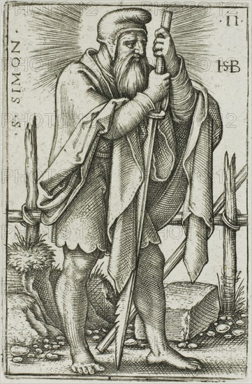 St. Simon, plate 11 from The Twelve Apostles, 1545, Sebald Beham, German, 1500-1550, Germany, Engraving in black on white wove paper, 44 x 29 mm (image/plate), 305 x 240 mm (sheet)