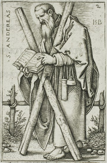 St. Andrew, plate 2 from The Twelve Apostles, 1545, Sebald Beham, German, 1500-1550, Germany, Engraving in black on white wove paper, 44 x 29 mm (image/plate), 305 x 240 mm (sheet)