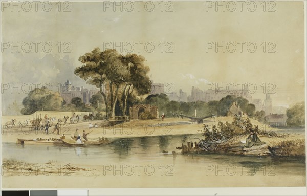 Environs of Windsor Castle, n.d., Thomas Shotter Boys, English, 1803-1874, England, Watercolor, with touches of scraping, heightened with white gouache, over traces of graphite, on tan wove paper, 273 × 444 mm