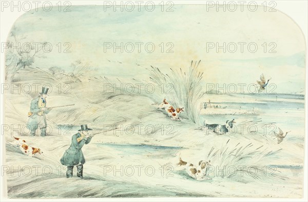 Hunt Crossing Stream Shooting Ducks, c. 1888, Unknown Artist, after Henry Alken (English, 1785-1851), England, Watercolor and graphite on cream wove card, 172 × 265 mm