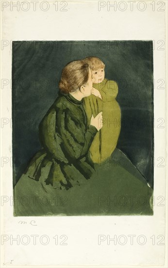 Peasant Mother and Child, c. 1895, Mary Cassatt, American, 1844-1926, United States, Etching and aquatint in green brown and black ink on white laid paper, 297 x 240 mm (image/plate), 445 x 280 mm (sheet)