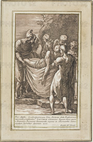 The Entombment, 1725, Conte Anton Maria Zanetti (Italian, 1680–1767), or after Parmigianino (Italian, 1503-1540), Italy, Chiaroscuro woodcut in black and brown on off-white laid paper, text in black on cream laid paper, both laid down on off-white laid paper, 190 x 120 mm (image/sheet, trimmed to block), 215 x 120 mm (image and text), 427 x 296 mm(sheet)