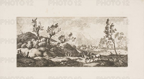 Landscape, Boy with Horse, 1777, Ferdinand Kobell, German, 1740-1799, Germany, Etching in black on paper, 78 x 171 mm (plate)