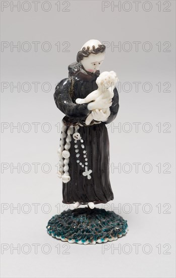 Monk Holding a Child, 1700/50, Nevers, France, Glass, lampwork (verre de Nevers), metal armature, H. 6.2 cm (2 7/16 in.)