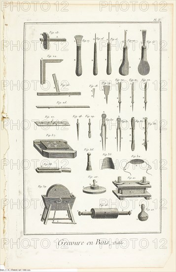Wood Engraving, Tools, from Encyclopédie, 1762/77, A. J. Defehrt (French, active 18th century), published by André le Breton (French, 1708-1779), Michel-Antoine David (French, c. 1707-1769), Laurent Durand (French, 1712-1763), and Antoine-Claude Briasson (French, 1700-1775), France, Engraving on cream laid paper, 312 × 208 mm (image), 355 × 225 mm (plate), 390 × 255 mm (sheet)