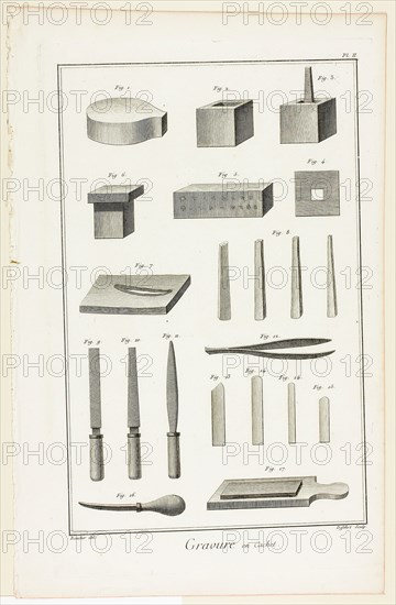 Seal Engraving, from Encyclopédie, 1762/77, A. J. Defehrt (French, active 18th century), after Antoine-Gaspard Boucher d’Argis (French, 1708-1791), published by André le Breton (French, 1708-1779), Michel-Antoine David (French, c. 1707-1769), Laurent Durand (French, 1712-1763), and Antoine-Claude Briasson (French, 1700-1775), France, Engraving on cream laid paper, 315 × 200 mm (image), 355 × 225 mm (plate), 390 × 255 mm (sheet)