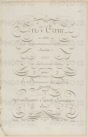 Art of Writing, from Encyclopédie, 1760, Aubin (French, active 18th century), after Charles Paillasson (French, 1718-1789), published by André le Breton (French, 1708-1779), Michel-Antoine David (French, c. 1707-1769), Laurent Durand (French, 1712-1763), and Antoine-Claude Briasson (French, 1700-1775), France, Engraving on cream laid paper, 400 × 260 mm
