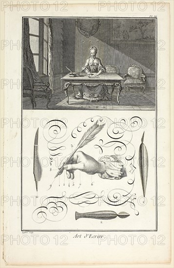 Art of Writing, from Encyclopédie, 1760, A. J. Defehrt (French, active 18th century), published by André le Breton (French, 1708-1779), Michel-Antoine David (French, c. 1707-1769), Laurent Durand (French, 1712-1763), and Antoine-Claude Briasson (French, 1700-1775), France, Engraving, with etching, on cream laid paper, 400 × 260 mm