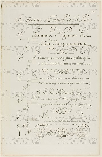 Various Rounded-Style Calligraphy, from Encyclopédie, 1760, Aubin (French, active 18th century), after Charles Paillasson (French, 1718-1789), published by André le Breton (French, 1708-1779), Michel-Antoine David (French, c. 1707-1769), Laurent Durand (French, 1712-1763), and Antoine-Claude Briasson (French, 1700-1775), France, Engraving on cream laid paper, 400 × 260 mm