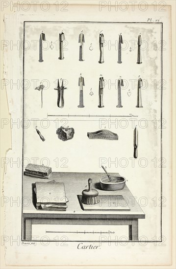 Card-Maker, from Encyclopédie, 1762/77, Benoît-Louis Prévost (French, c. 1735-1809), published by André le Breton (French, 1708-1779), Michel-Antoine David (French, c. 1707-1769), Laurent Durand (French, 1712-1763), and Antoine-Claude Briasson (French, 1700-1775), France, Engraving on cream laid paper, 325 × 209 mm (image), 355 × 225 mm (plate), 387 × 255 mm (sheet)