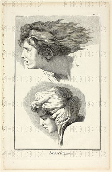 Design: Heads, from Encyclopédie, 1762/77, Benoît-Louis Prévost (French, c. 1735-1809), after Raffaello Sanzio, called Raphael (Italian, 1483-1520), published by André le Breton (French, 1708-1779), Michel-Antoine David (French, c. 1707-1769), Laurent Durand (French, 1712-1763), and Antoine-Claude Briasson (French, 1700-1775), France, Etching, with engraving, on cream laid paper, 321 × 207 mm (image), 355 × 227 mm (plate), 400 × 260 mm (sheet)
