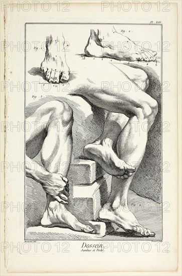 Design: Legs and Feet, from Encyclopédie, 1762/77, Benoît-Louis Prévost (French, c. 1735-1809), after Bouchardon (probably Edme), (French, active 18th century), published by André le Breton (French, 1708-1779), Michel-Antoine David (French, c. 1707-1769), Laurent Durand (French, 1712-1763), and Antoine-Claude Briasson (French, 1700-1775), France, Etching, with engraving, on cream laid paper, 323 × 205 mm (image), 350 × 220 mm (plate), 400 × 257 mm (sheet)