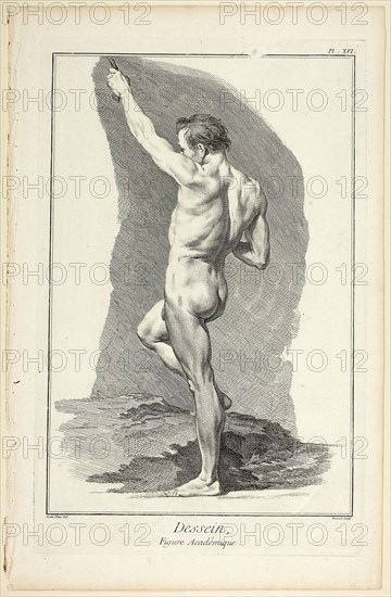 Design: Academic Figure, from Encyclopédie, 1762/77, Benoît-Louis Prévost (French, c. 1735-1809), after Charles-Nicholas Cochin, the younger (French, 1715-1790), published by André le Breton (French, 1708-1779), Michel-Antoine David (French, c. 1707-1769), Laurent Durand (French, 1712-1763), and Antoine-Claude Briasson (French, 1700-1775), France, Etching, with engraving, on cream laid paper, 311 × 210 mm (image), 354 × 225 mm (plate), 400 × 260 mm (sheet)