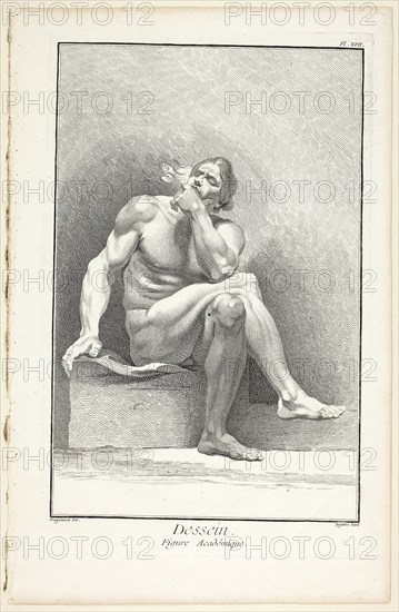 Design: Academic Figure, from Encyclopédie, 1762/77, A. J. Defehrt (French, active 18th century), after Jean Honoré Fragonard (French, 1732-1806), published by André le Breton (French, 1708-1779), Michel-Antoine David (French, c. 1707-1769), Laurent Durand (French, 1712-1763), and Antoine-Claude Briasson (French, 1700-1775), France, Etching, with engraving, on cream laid paper, 320 × 208 mm (image), 357 × 230 mm (plate), 393 × 253 mm (sheet)