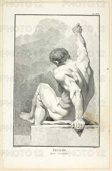 Design: Academic Figure, from Encyclopédie, 1762/77, A. J. Defehrt (French, active 18th century), after Jean Honoré Fragonard (French, 1732-1806), published by André le Breton (French, 1708-1779), Michel-Antoine David (French, c. 1707-1769), Laurent Durand (French, 1712-1763), and Antoine-Claude Briasson (French, 1700-1775), France, Etching, with engraving, on cream laid paper, 320 × 208 mm (image), 357 × 230 mm (plate), 393 × 253 mm (sheet)
