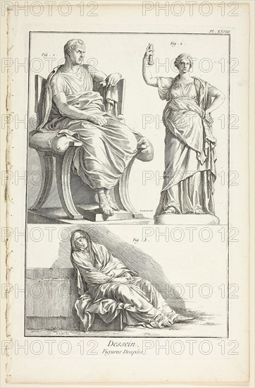 Design: Draped Figures, from Encyclopédie, 1762/77, A. J. Defehrt (French, active 18th century), after de la Hire (French, active 18th century), published by André le Breton (French, 1708-1779), Michel-Antoine David (French, c. 1707-1769), Laurent Durand (French, 1712-1763), and Antoine-Claude Briasson (French, 1700-1775), France, Etching, with engraving, on cream laid paper, 322 × 215 mm (image), 355 × 225 mm (plate), 400 × 260 mm (sheet)