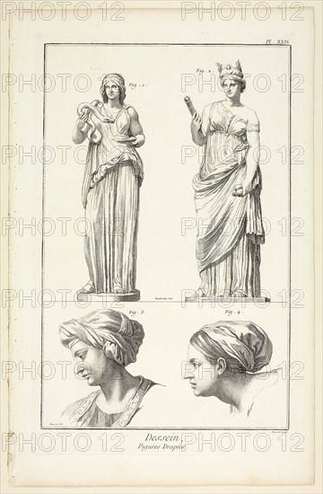 Design: Draped Figures, from Encyclopédie, 1762/77, Benoît-Louis Prévost (French, c. 1735-1809), after Nicholas Poussin (French, 1594-1665), published by André le Breton (French, 1708-1779), Michel-Antoine David (French, c. 1707-1769), Laurent Durand (French, 1712-1763), and Antoine-Claude Briasson (French, 1700-1775), France, Etching, with engraving, on cream laid paper, 322 × 210 mm (image), 350 × 225 mm (plate), 400 × 260 mm (sheet)