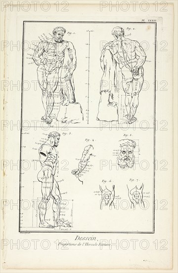 Design: Proportions of the Farnese Hercules, from Encyclopédie, 1762/77, Benoît-Louis Prévost (French, c. 1735-1809), published by André le Breton (French, 1708-1779), Michel-Antoine David (French, c. 1707-1769), Laurent Durand (French, 1712-1763), and Antoine-Claude Briasson (French, 1700-1775), France, Etching, with engraving, on cream laid paper, 320 × 206 mm (image), 355 × 225 mm (plate), 400 × 260 mm (sheet)